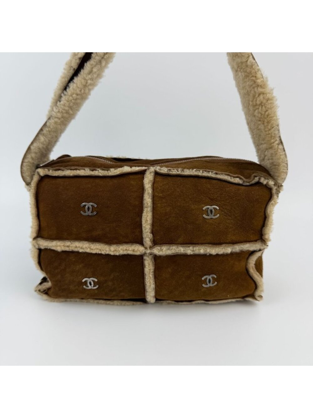 Chanel CC Logo Shoulder Bag Brown Shearling Suede Vintage